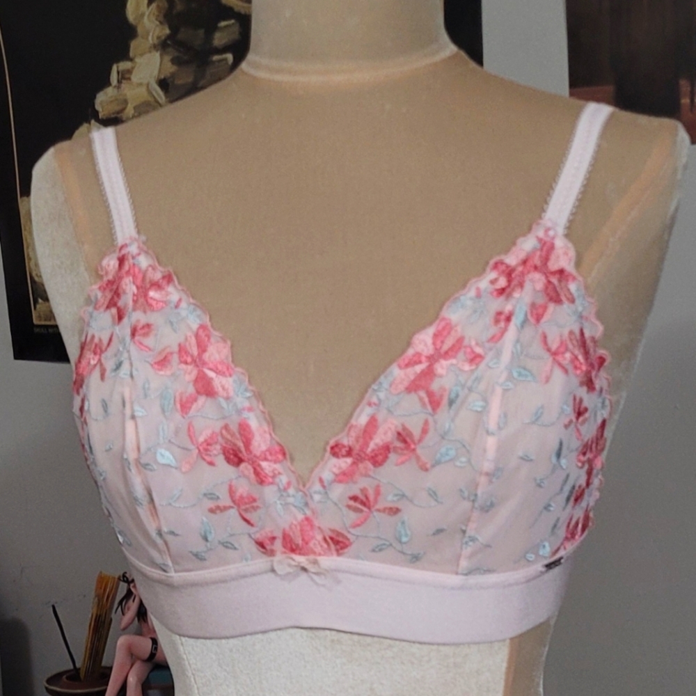 Pink Floral Lace Bralette Convertable Halter Racer Back Large La Vie en Rose